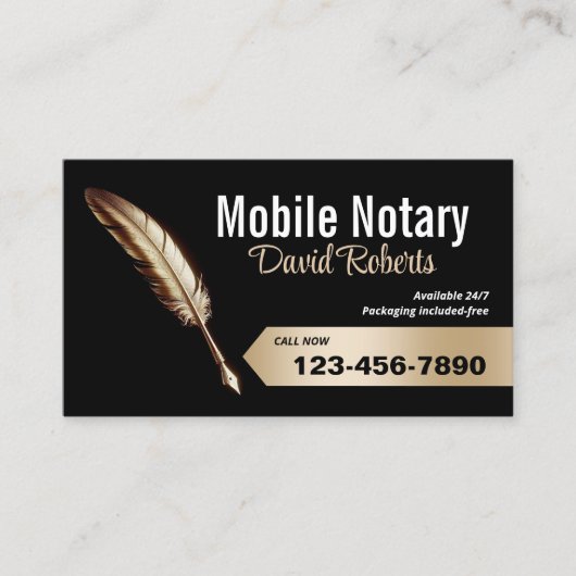 Mobiele Notaris Signing Agent Gold Feather Pen Zwa Visitekaartje (Voorkant)