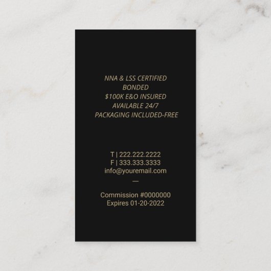 Mobiele notaris Signing Agent Modern Gold Quill Pe Visitekaartje (Achterkant)