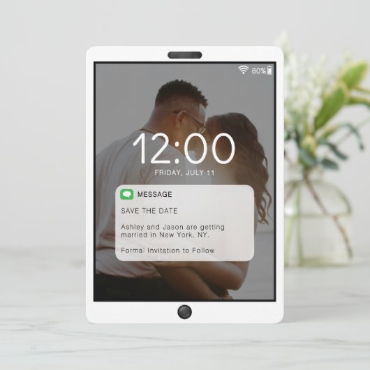 Mobiele telefoon vergrendelen scherm bruiloft save the date (Staand voorkant)