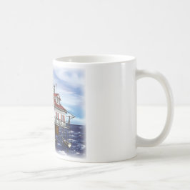 Mobiele vuurtoren in het midden van de baai koffiemok