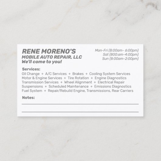 Mobile Automobiel Repair Mechanic 2 Sided Busi Visitekaartje (Achterkant)