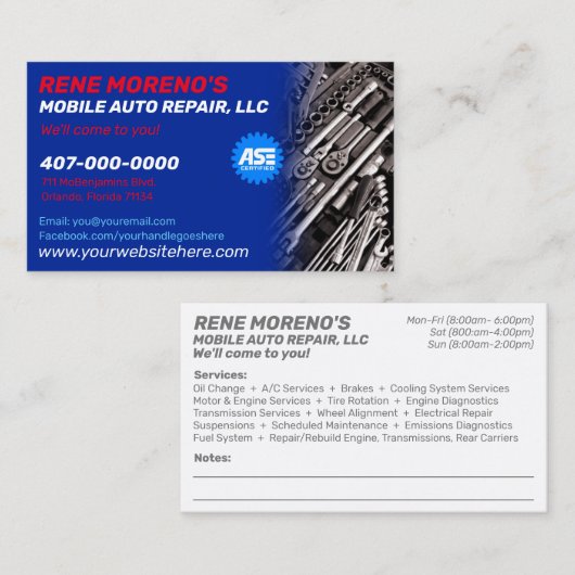Mobile Automobiel Repair Mechanic 2 Sided Busi Visitekaartje (Voorkant / Achterkant)
