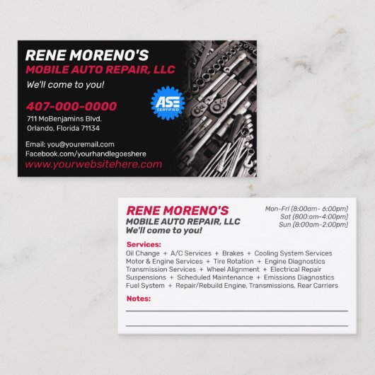 Mobile Automobile Car Repair Mechanic 2 Sided Visitekaartje (Voorkant / Achterkant)