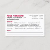 Mobile Automobile Car Repair Mechanic 2 Sided Visitekaartje (Achterkant)