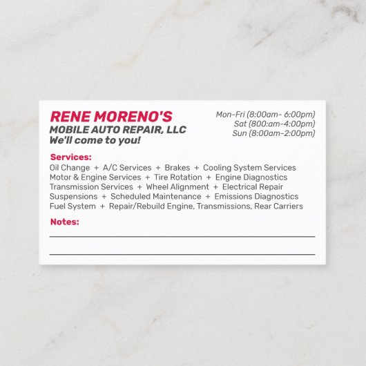 Mobile Automobile Car Repair Mechanic 2 Sided Visitekaartje (Achterkant)