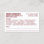 Mobile Automobile Car Repair Mechanic 2 Sided Visitekaartje (Achterkant)