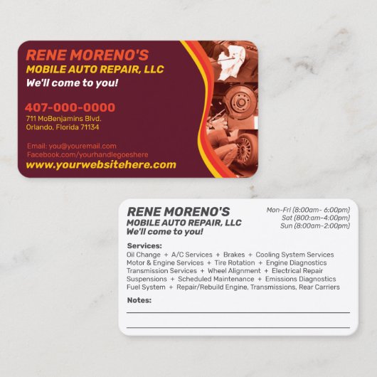 Mobile Automobile Car Repair Mechanic 2 Sided Visitekaartje (Voorkant / Achterkant)