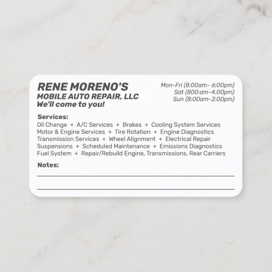 Mobile Automobile Car Repair Mechanic 2 Sided Visitekaartje (Achterkant)