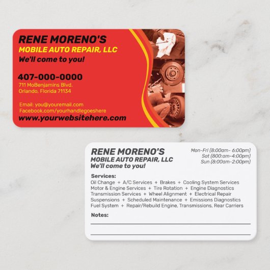Mobile Automobile Car Repair Mechanic 2 Sided Visitekaartje (Voorkant / Achterkant)