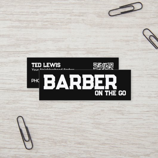 Mobile Barber Custom QR Mini Visitekaartje (Voorkant / Achterkant in situ)