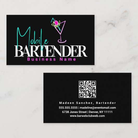 Mobile Bartender Club Bar Neon Drinken B Visitekaartje (Voorkant / Achterkant)