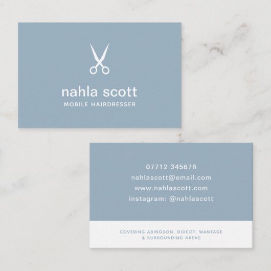Mobile Hairdresser Dusty Blue Scissors UK/Euro Visitekaartje (Voorkant / Achterkant)
