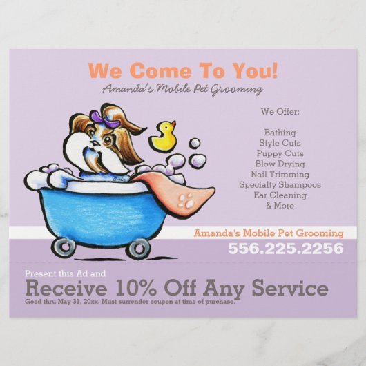 Mobile Pet Groomer Shih Tzu Paarse Coupon Ad Flyer (Voorkant)