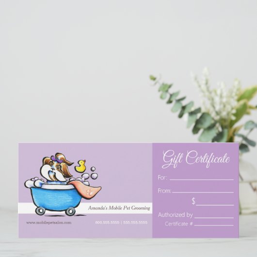 Mobile Pet Groomer Shih Tzu Purp Cadeaucertificaat (Staand voorkant)
