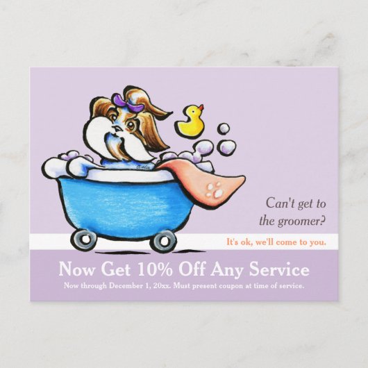 Mobile Pet Grooming Shih Tzu Paarse Coupon Mailer Briefkaart (Voorkant)