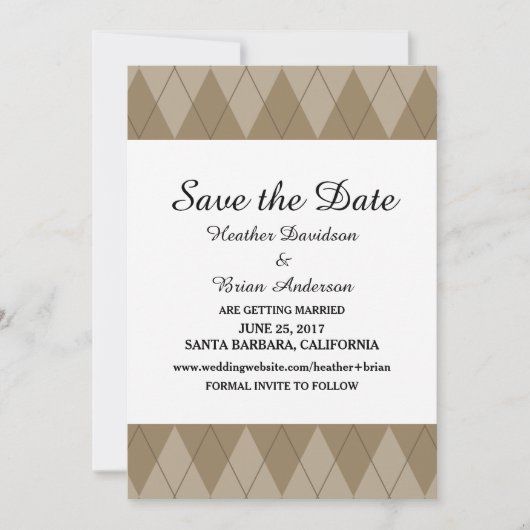 Mocha Argyle Save the Date Uitnodiging (Voorkant)
