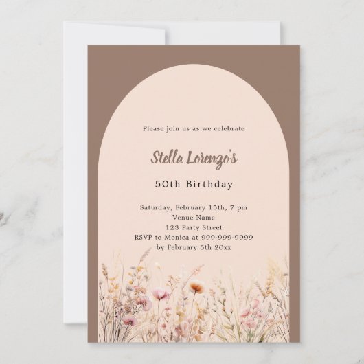 Mocha beige wilde bloemen bloemstukken verjaardag kaart (Voorkant)