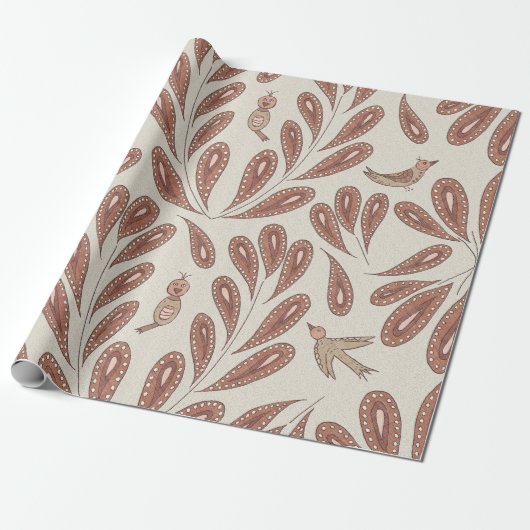 Mocha Birds and Flowers Cadeaupapier (Uitgerold)