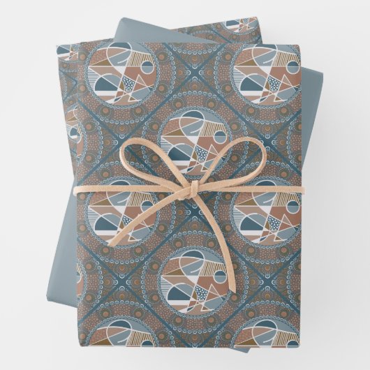 Mocha & Blauwgroen Abstract Accent Mandala Diamond Inpakpapier Vel (In situ)