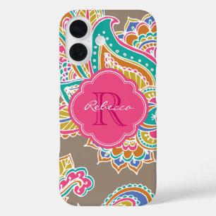 Mocha Bohemian Paisley Custom Monogram iPhone 16 Hoesje