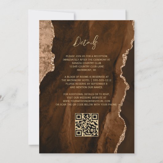 Mocha Brown Agaat Gold Script QR Code Wedding Kaart (Achterkant)