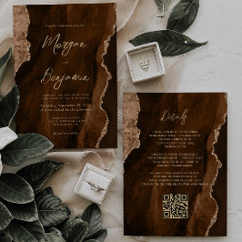 Mocha Brown Agaat Gold Script QR Code Wedding Kaart