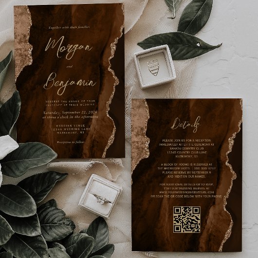 Mocha Brown Agaat Gold Script QR Code Wedding Kaart