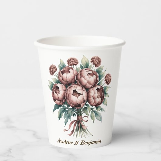 Mocha Brown Blooms Wedding Papieren Bekers (Voorkant)