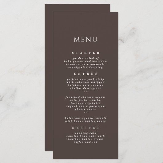 Mocha Brown Chic Modern Elegant Diner Huwelijk Menu (Voorkant / Achterkant)