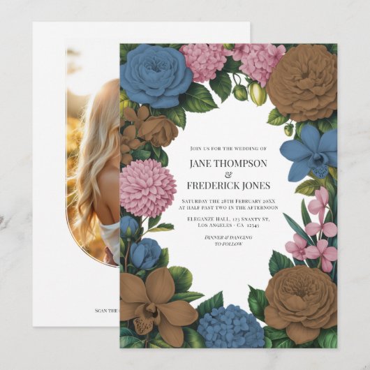 Mocha Brown, Dusty Blue & Soft Pink Floral Wedding Kaart (Voorkant / Achterkant)
