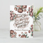 Mocha Brown geschilderd pioen bruiloft dank u kaar Kaart (Staand voorkant)