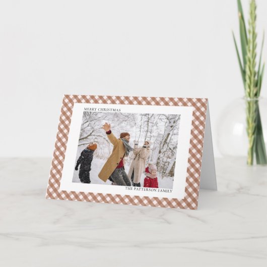 Mocha Brown Gingham Horizontal 2 Foto Kerstmis Feestdagen Kaart (Voorkant)