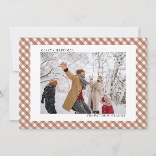 Mocha Brown Gingham Horizontale foto Kerstmis Feestdagenkaart (Voorkant)