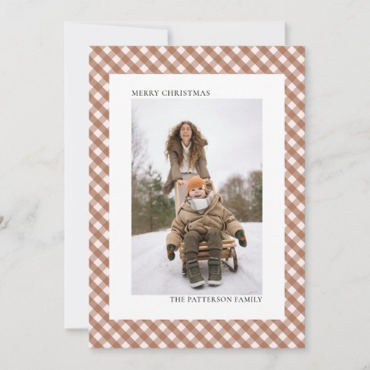 Mocha Brown Gingham Plaid Patroon Foto Kerstmis Feestdagenkaart (Voorkant)