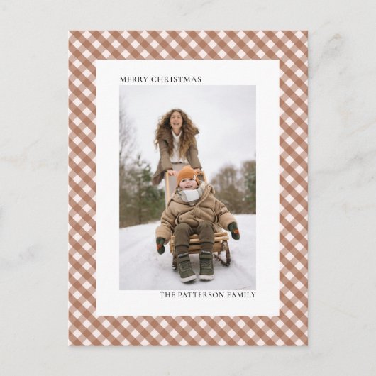 Mocha Brown Gingham Plaid Patroon Foto Kerstmis Feestdagenkaart (Voorkant)
