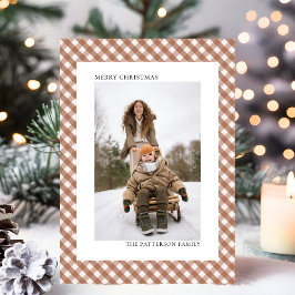 Mocha Brown Gingham Plaid Patroon Foto Kerstmis Feestdagenkaart