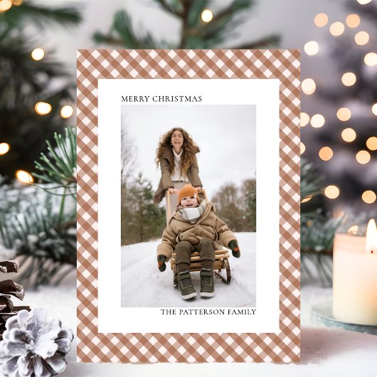 Mocha Brown Gingham Plaid Patroon Foto Kerstmis Feestdagenkaart