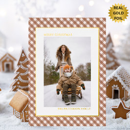 Mocha Brown Gingham Plaid Patroon Foto Kerstmis Folie Feestdagen Briefkaart