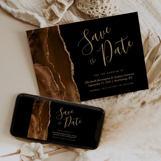 Mocha Brown Gold Agaat Black Save the Date Kaart