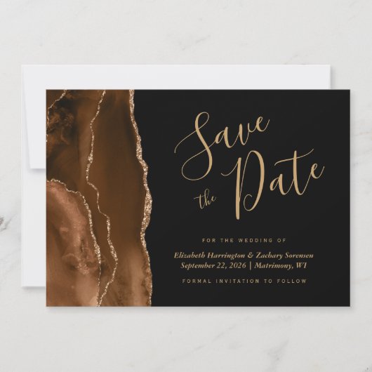 Mocha Brown Gold Agaat Black Save the Date Kaart (Voorkant)