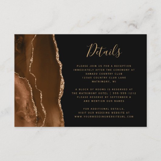 Mocha Brown Gold Agaat Black Wedding Details Informatiekaartje (Voorkant)