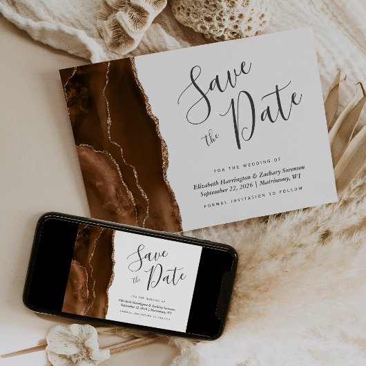Mocha Brown Gold Agaat Save the Date Kaart