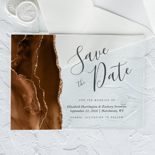 Mocha Brown Gold Agaat Save the Date Kaart Acryl Uitnodigingen