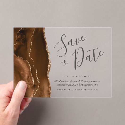 Mocha Brown Gold Agaat Save the Date Kaart Acryl Uitnodigingen (Insitu (Draagbaar))