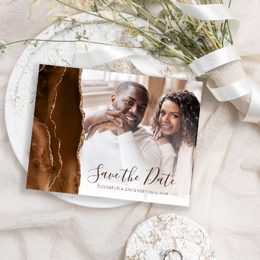 Mocha Brown Gold Agate Photo Save the Date Briefkaart