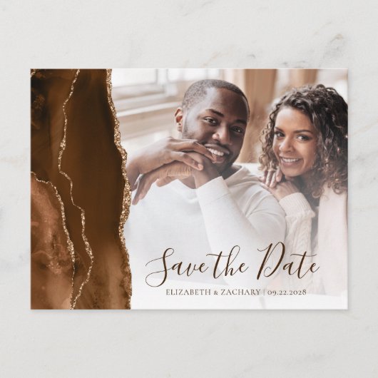 Mocha Brown Gold Agate Photo Save the Date Briefkaart (Voorkant)