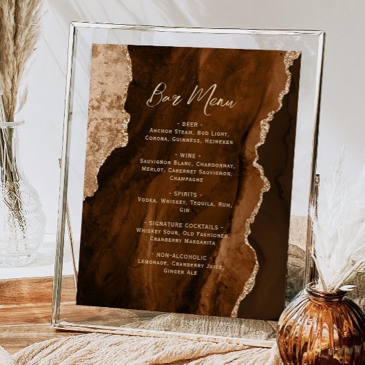 Mocha Brown Gold Agate Script Wedding Bar Menu  Poster