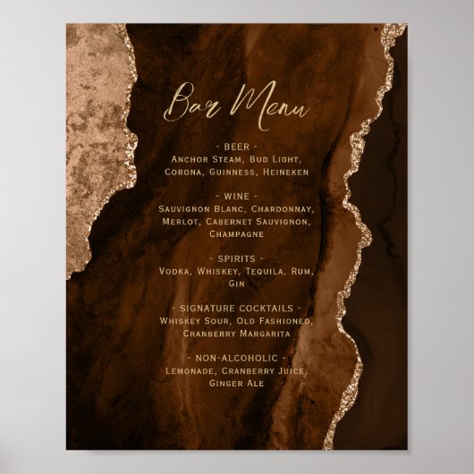 Mocha Brown Gold Agate Script Wedding Bar Menu  Poster (Voorkant)