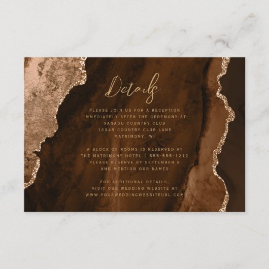 Mocha Brown Gold Agate Script Wedding Details Informatiekaartje (Voorkant)
