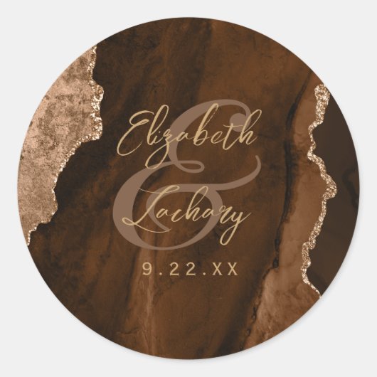 Mocha Brown Gold Agate Script Wedding Ronde Sticker (Voorkant)